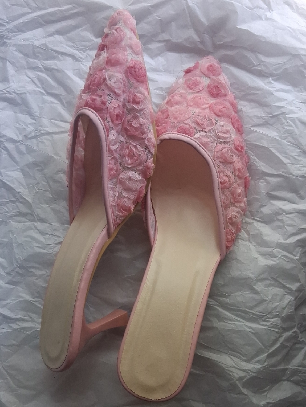 Pink Floral Mesh Pointed Toe Mules With Low Kitten Heel, NWB. - Picture 11 of 13